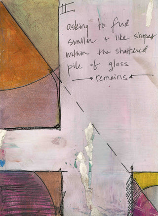Abstract mixed-media artwork featuring a pale pink background with handwritten text, geometric color blocks in orange, purple, brown, and yellow, and black sketch lines.