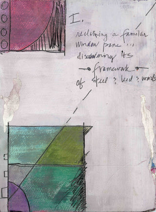 An abstract mixed-media artwork on textured paper, featuring hand-drawn geometric shapes in teal, green, purple, and pink, alongside handwritten text.