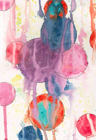 Abstract watercolor painting with overlapping translucent circles in pink, purple, blue, and orange on a white background with paint drips and splatters.