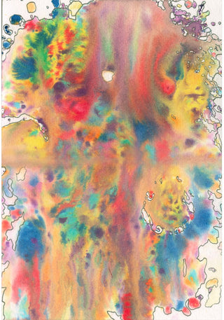 Abstract watercolor painting with a central vertical figure-like form blended in warm and cool hues of yellow, red, blue, green, and purple on a white background.