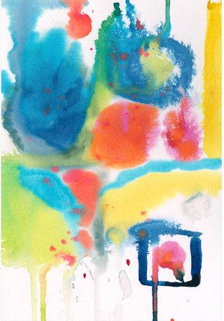Abstract watercolor painting with splashes and drips of blue, yellow, green, pink, and red on a white background.