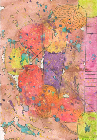 Abstract watercolor painting with overlapping organic shapes, linework, and splattered paint in pink, orange, yellow, purple, green, and blue on a warm beige background.