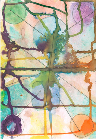 Abstract watercolor painting with overlapping translucent circles, radiating lines, and organic splashes in green, purple, blue, yellow, orange, and brown on a light background.