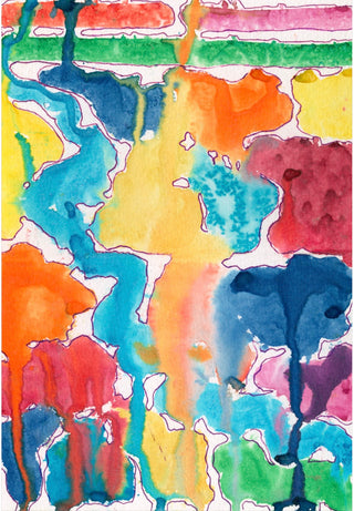 Abstract watercolor painting with splashes and drips of yellow, orange, blue, red, green, pink, and purple on a white background.