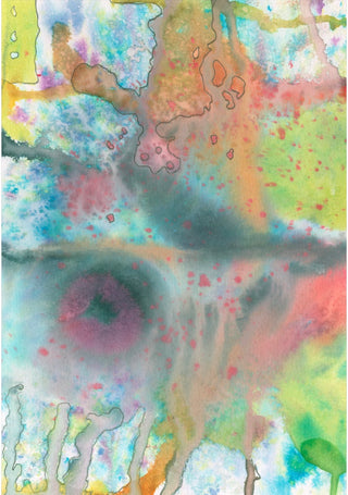 Abstract watercolor painting with blended washes of blue, green, yellow, orange, pink, and purple, plus splatter and drip textures.