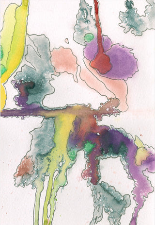 Abstract watercolor painting with flowing, organic shapes in purple, green, yellow, peach, and brown on a white background.