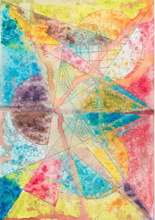 Abstract geometric watercolor artwork with overlapping triangles, circles, and lines in yellow, blue, pink, red, orange, and purple on a textured paper background.