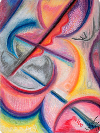 Abstract pastel drawing featuring overlapping curved shapes in pink, red, yellow, blue, purple, gray, and green, with expressive brushwork and a signature in the lower right corner.