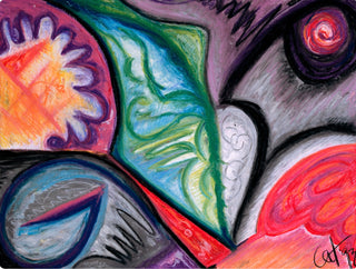 Abstract colorful painting with flowing organic shapes in purple, green, blue, orange, red, black, and gray, filling the full frame.