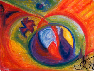 Abstract expressionist painting featuring swirling, organic shapes in vibrant red, orange, yellow, green, blue, and purple, with a black signature in the lower right corner.
