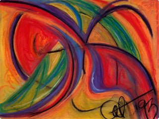 Abstract expressionist painting featuring bold, sweeping curved lines in red, orange, yellow, green, blue, and purple on a warm orange background, with a black signature in the lower right corner.