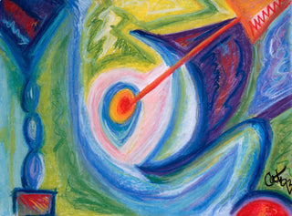 Abstract expressionist painting featuring a stylized target with swirling blue, green, yellow, and purple brushstrokes, a red-orange arrow, and a signature in the lower right corner.
