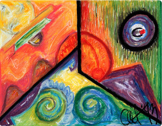 An abstract expressionist painting featuring a stylized face split diagonally into four quadrants with vibrant colors including orange, red, yellow, green, blue, and purple.
