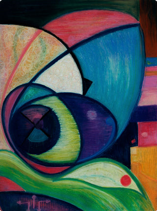 Abstract cubist-style painting with overlapping geometric forms in blue, green, pink, red, yellow, black, and white, including a large stylized eye-like shape.