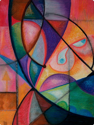 Abstract geometric painting featuring a stylized face composed of colorful curved shapes, including pink, orange, purple, green, blue, and red, with black linework.