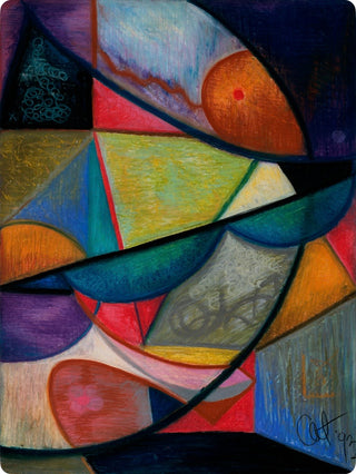 An abstract geometric painting with overlapping curved and angular shapes in blue, green, yellow, orange, red, purple, black, and white, signed in the lower right corner.