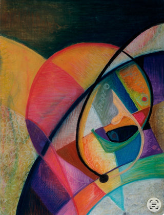 Abstract geometric painting with overlapping curved shapes in pink, orange, yellow, green, blue, purple, and black, filling the frame.