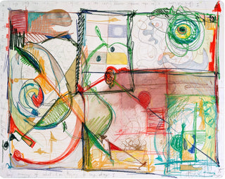 An abstract mixed-media artwork on paper featuring overlapping geometric and organic forms in red, green, blue, yellow, black, and beige tones, with scribbled lines and labeled sections.