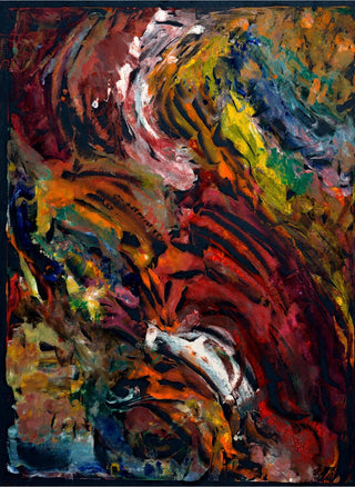 An abstract expressionist painting featuring dynamic, swirling brushstrokes in rich reds, browns, yellows, blues, and whites, with a white fish motif integrated into the lower-middle composition.