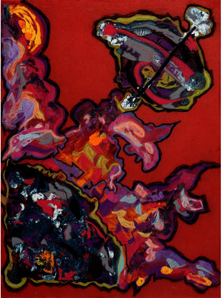 An abstract painting featuring dynamic, expressive brushstrokes in red, purple, orange, black, and white, with a central dark shape resembling a stylized face or mask surrounded by energetic splashes.