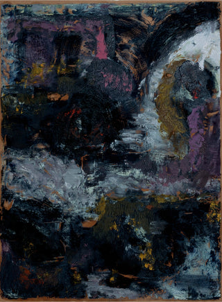 An abstract painting depicting a waterfall or flowing water scene with thick impasto brushstrokes in black, white, gray, purple, and brown tones.