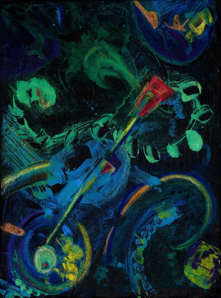 Abstract expressionist painting featuring swirling, gestural brushstrokes in deep blue, green, black, and yellow, with a prominent red geometric shape near the center.