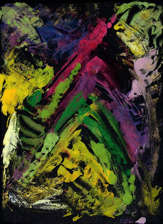 Abstract expressionist painting with energetic, textured brushstrokes in vibrant green, yellow, magenta, purple, and black.