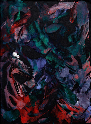 An abstract painting with expressive, textured brushstrokes in deep black, dark green, teal, purple, and red, with a small white shape near the left-center.