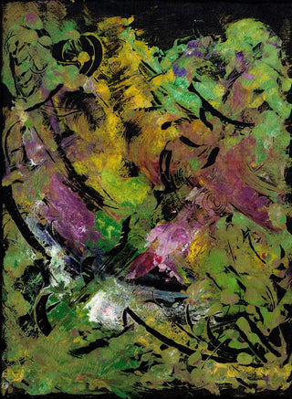 An abstract expressionist painting featuring a dynamic composition of textured brushstrokes in green, yellow, purple, black, and white.