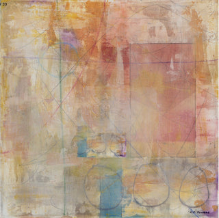 An abstract painting with layered brushstrokes in warm beige, tan, peach, and brown tones, accented with soft blue, purple, and gray areas and fine linear details.