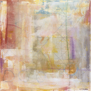 An abstract mixed-media painting featuring a blend of warm beige, yellow, orange, and pink tones with delicate green and purple line details, signed 'S.P.