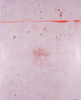 An abstract painting on a square canvas featuring a pale pink background with a horizontal orange-red streak across the upper-middle section, scattered brown and yellow speckles, and a soft pinkish-brown smudge near the center.
