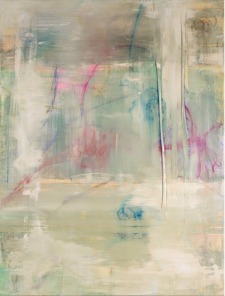 An abstract painting with layered, textured brushstrokes in soft gray, beige, off-white, muted green, and delicate accents of pink, blue, and purple.