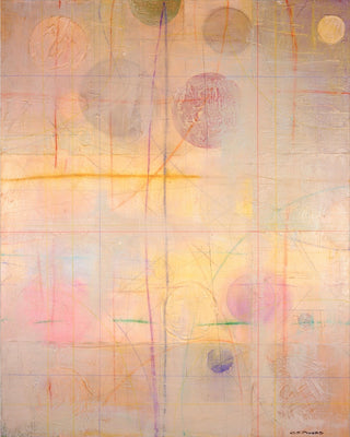 An abstract painting featuring soft pastel circles, lines, and grid patterns in pale yellow, pink, lavender, and gray tones.