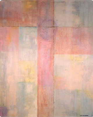 An abstract painting with a textured, layered block pattern in muted tones of pink, beige, gray, and soft yellow, featuring a prominent vertical pink stripe.