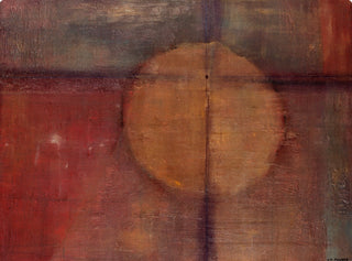 An abstract painting featuring a large central oval shape in warm brown and gold tones, set against a textured background of muted red, gray, and dark brown hues.