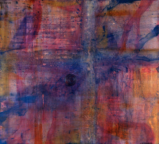Abstract mixed-media painting with layered brushstrokes and textures in purple, blue, orange, red, and brown tones, featuring a central circular motif.