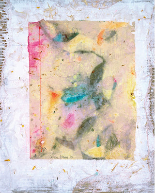 An abstract mixed-media painting on textured paper, featuring a central rectangular panel with soft pastel washes of yellow, pink, teal, and green, surrounded by a distressed white and gray border.