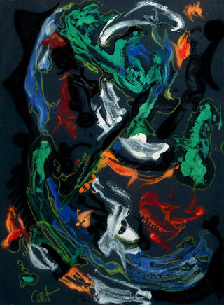 Abstract expressionist painting featuring dynamic, swirling brushstrokes in green, blue, red, orange, and white over a dark black background.