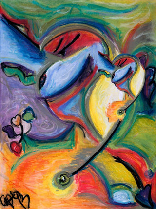 Abstract expressionist painting featuring a dynamic composition of swirling, organic shapes in blue, yellow, green, red, orange, and purple, with a black signature in the lower-left corner.