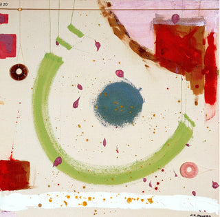 Abstract mixed-media artwork featuring a large light green curved brushstroke, a central blue circular form, red and pink painted blocks, small gold speckles, and a cream background.