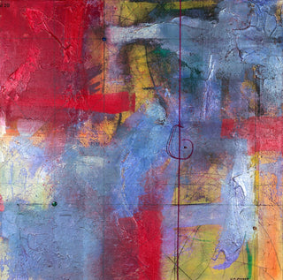 Abstract mixed-media painting with layered brushstrokes and textured paint, featuring prominent red, blue, gray, yellow, and white areas with fine sketch lines and a spiral motif near the center.