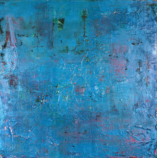 An abstract textured painting featuring a dominant blue color with splatters, drips, and layered brushstrokes of red, green, and gray.