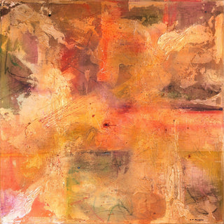 An abstract painting with layered brushstrokes in warm tones of orange, beige, brown, and muted green, with visible texture and gestural marks across the surface.