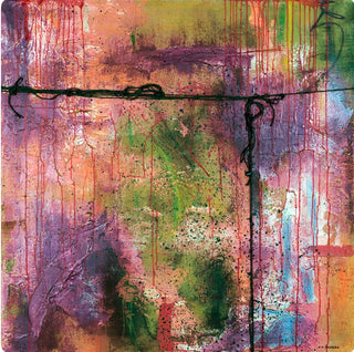 An abstract mixed-media painting with layered textures of purple, green, orange, pink, and blue, featuring dripping paint effects, black ink lines, and a central square overlay.