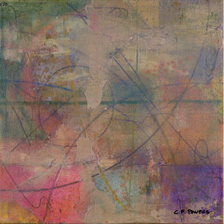 An abstract mixed-media painting featuring a textured, layered composition with intersecting scribbled lines, torn paper elements, and a blend of earthy tones including beige, brown, gray, pink, purple, and blue. Signed 'C.