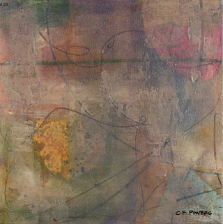 An abstract mixed-media painting with layered textures in earthy tones of brown, beige, gray, muted green, and touches of yellow, pink, and blue. Signed 'G.