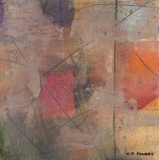 An abstract painting with layered brushstrokes in beige, brown, gray, orange, and muted red, featuring intersecting dark lines and a visible artist signature reading C.F.