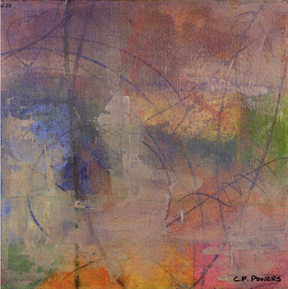 An abstract painting with layered brushstrokes and gestural lines in muted purple, brown, beige, orange, blue, green, and pink tones, signed C.F.