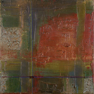 An abstract expressionist painting featuring thick, textured brushstrokes in earthy tones, dominated by a central rust-red block surrounded by olive green, dark gray, and ochre yellow sections.